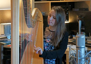 Harpist recording jazz at Anvil Studio in Edinburgh